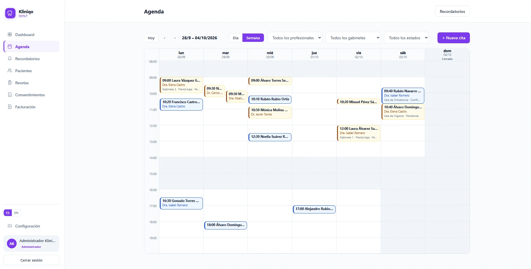 Kliniqo Dent weekly schedule showing appointments by day and time
